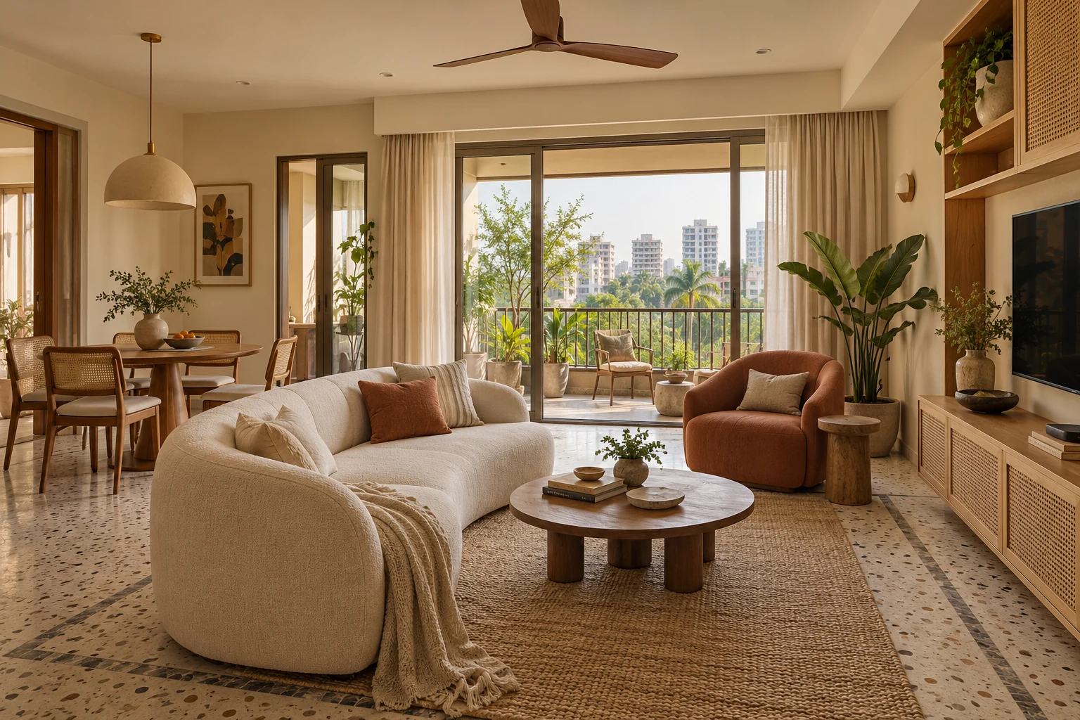 An imagined compact Bandra apartment with pale terrazzo, terracotta upholstery, cane details and warm built-in storage.
