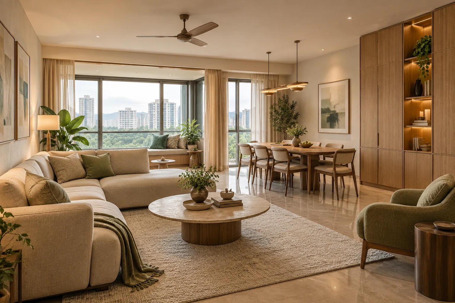 An imagined Powai family apartment with warm oak, muted sage accents, a generous dining table and an adaptable quiet niche.