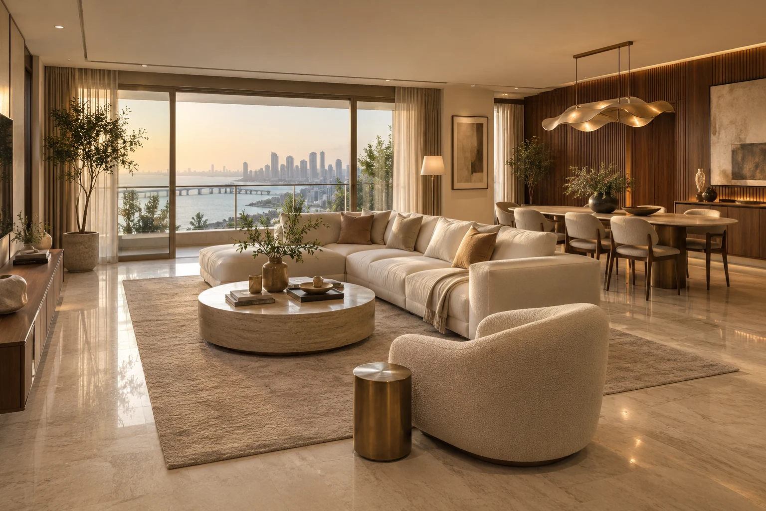 An imagined Worli apartment with ivory stone, walnut joinery, restrained brass details and soft light through urban-facing windows.