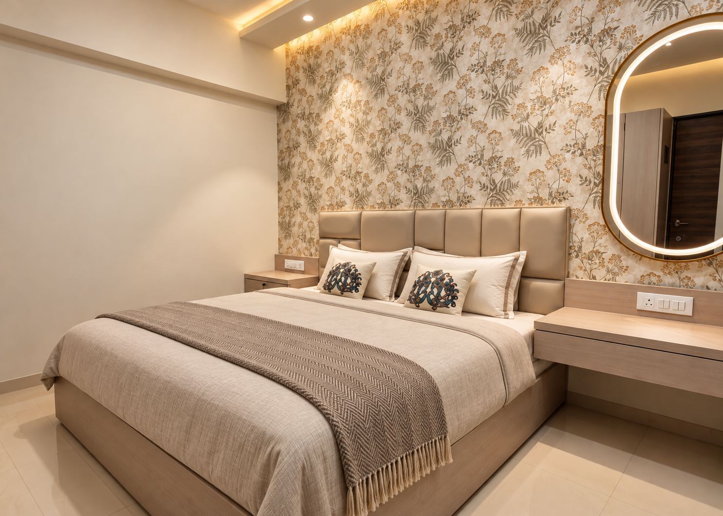 Bedroom with botanical wallpaper and a round backlit mirror