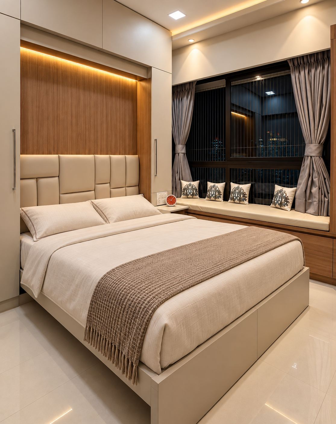 Bedroom with a panelled headboard, a teak wardrobe and a window seat