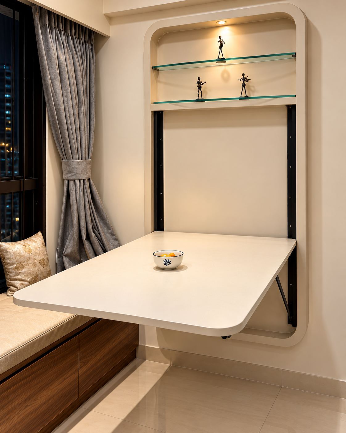 Wall-mounted fold-down table with glass shelves above