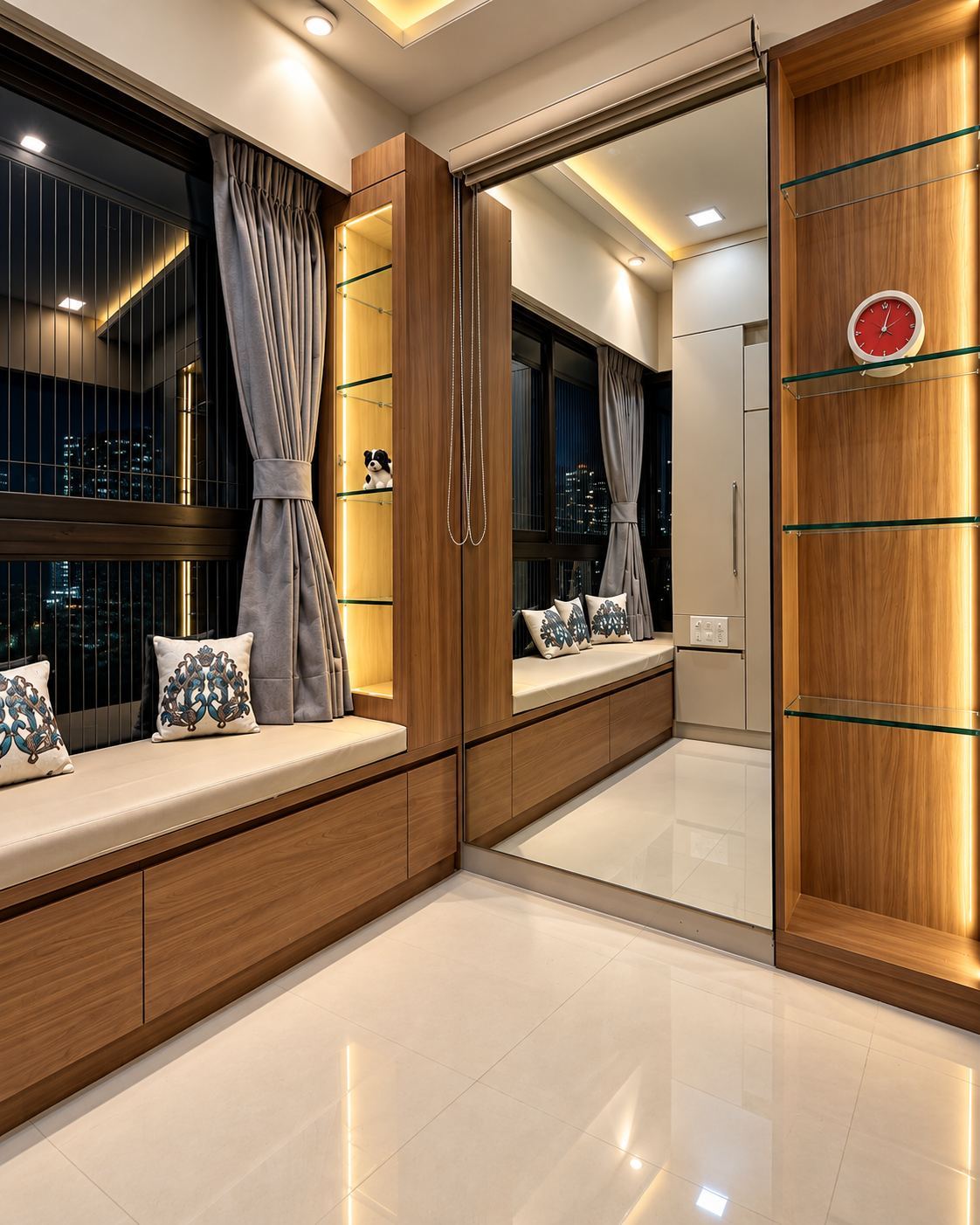 Window seat with drawers beside a full-length mirror and lit shelves