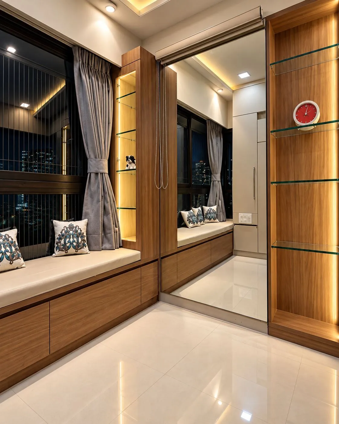 Window seat with storage drawers beside a full-height mirror and lit glass shelves in walnut joinery
