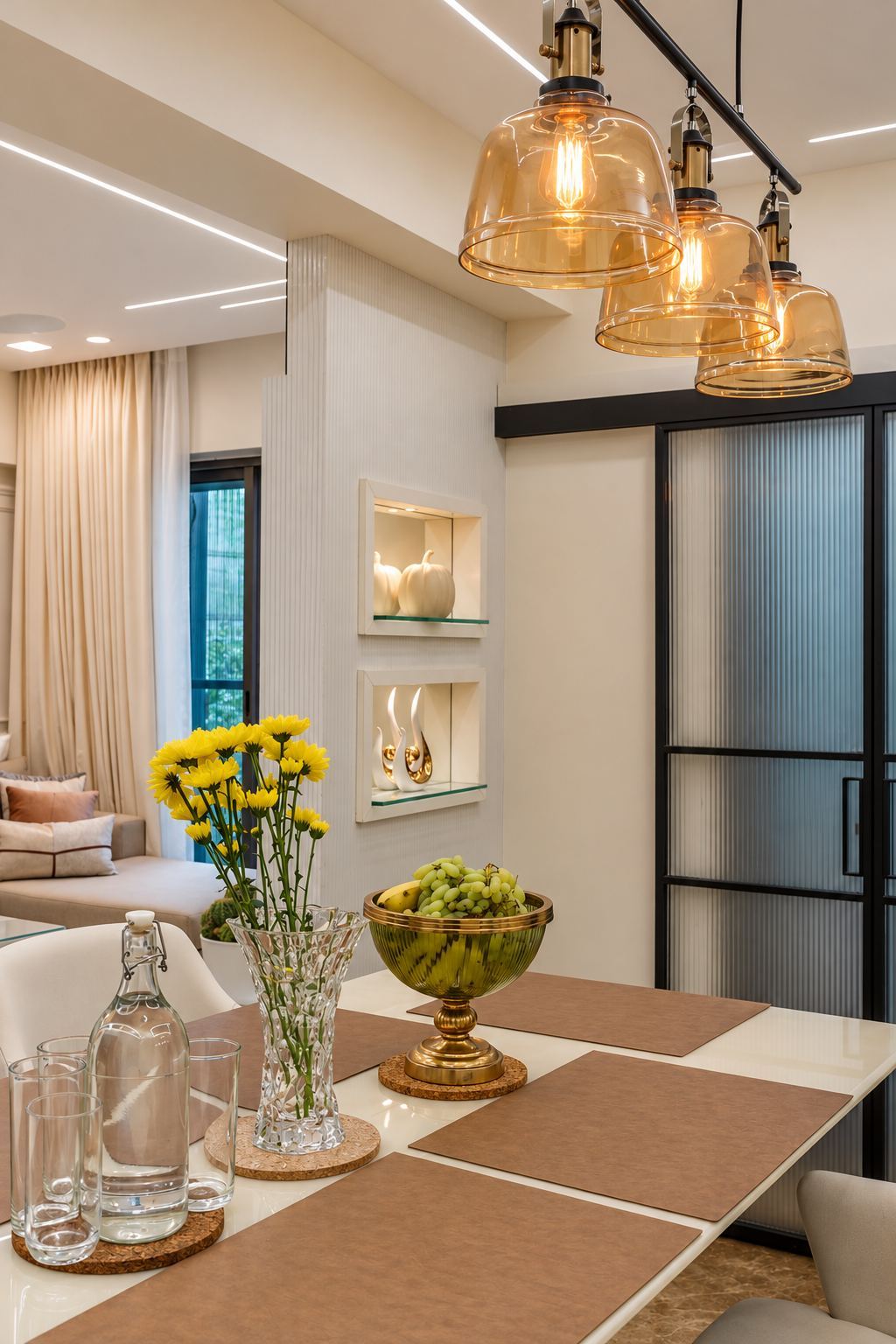 Amber glass pendants above a set dining table