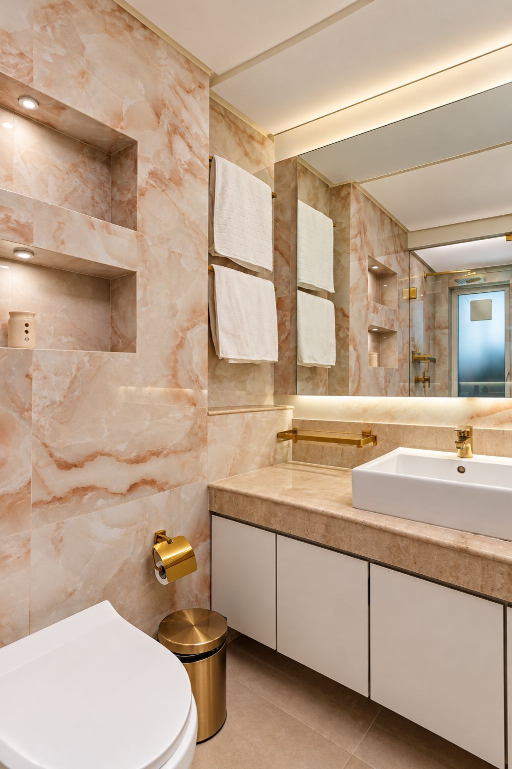 Bathroom in blush onyx-look stone with recessed niches
