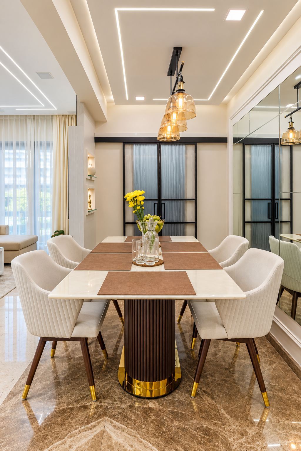 Walnut pedestal dining table with cream chairs and amber pendants