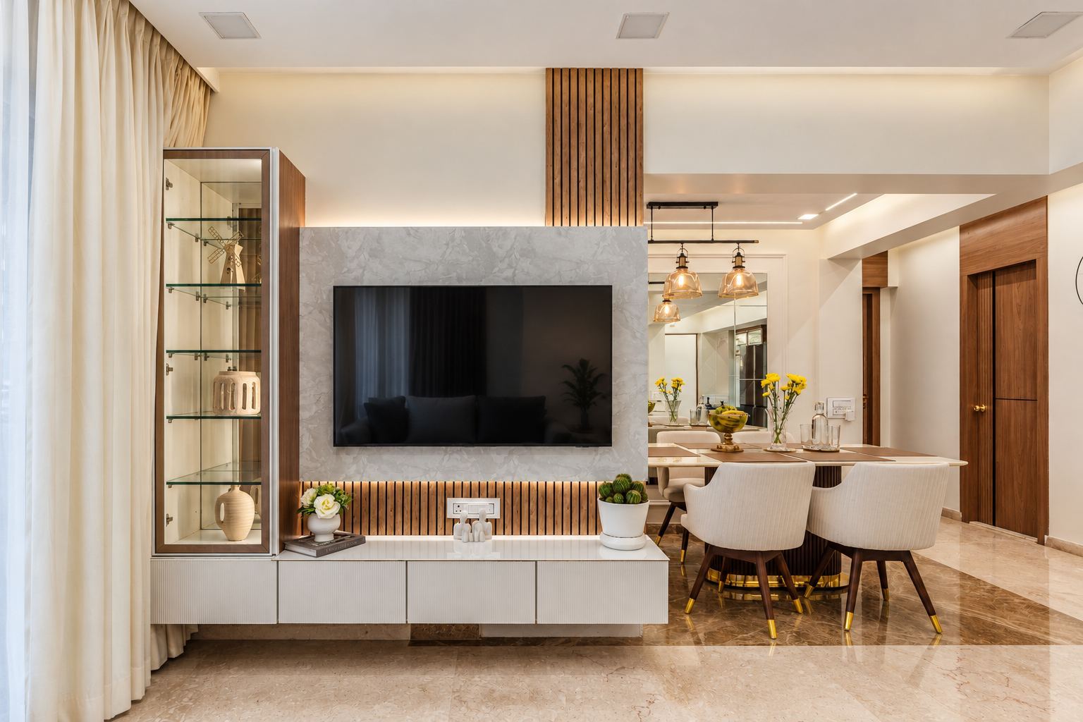 Stone and slatted timber TV wall with a glass display unit