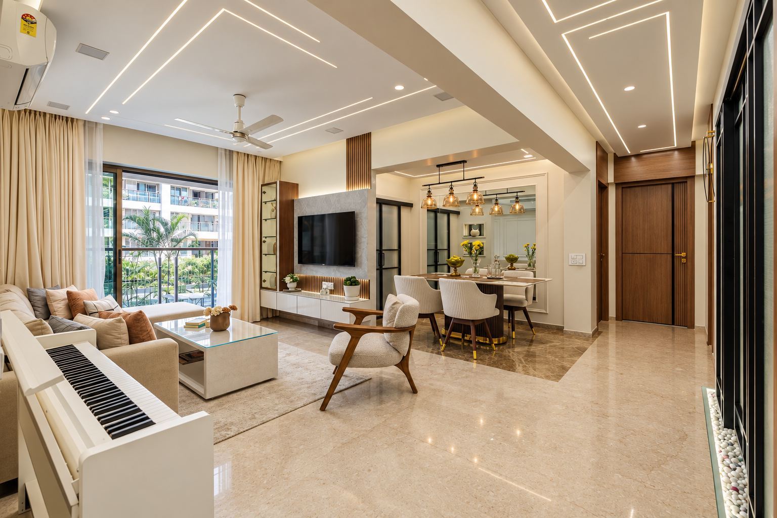 Open living and dining room with a white piano