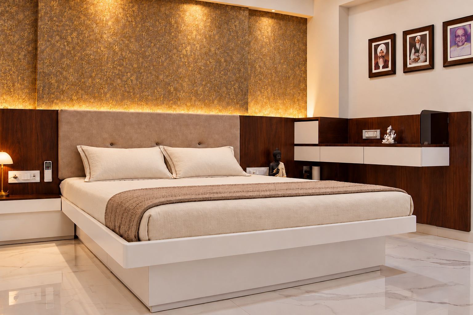 Bedroom with a gold textured panel above a walnut headboard wall