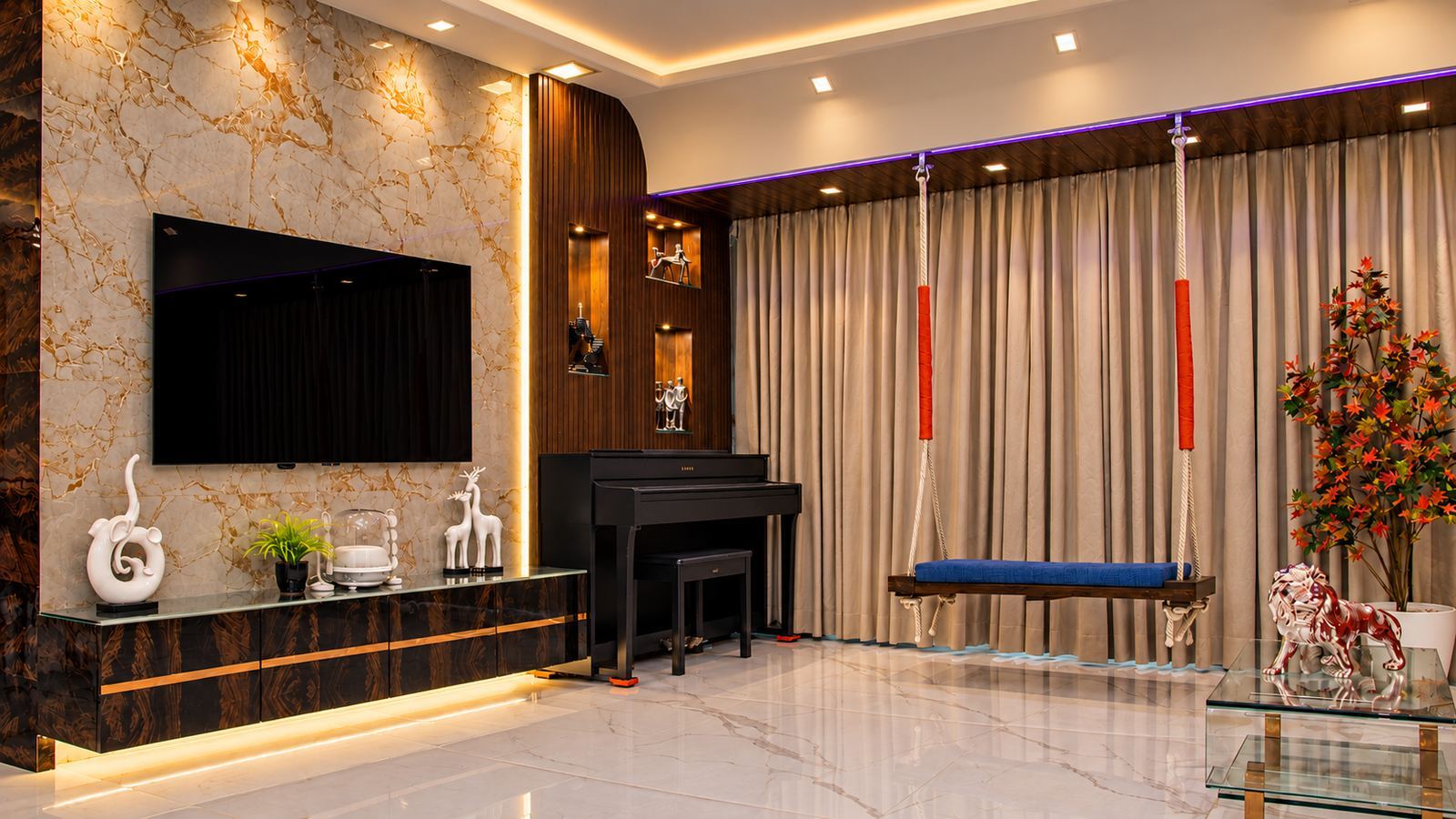 Living room with a marble TV wall, a piano and a wooden jhoola