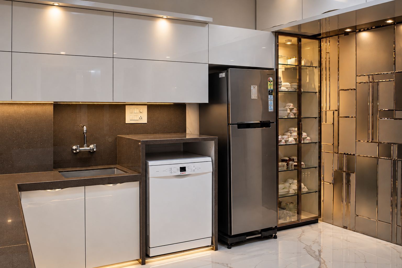 Kitchen wall with a refrigerator, a dishwasher and a glass crockery unit