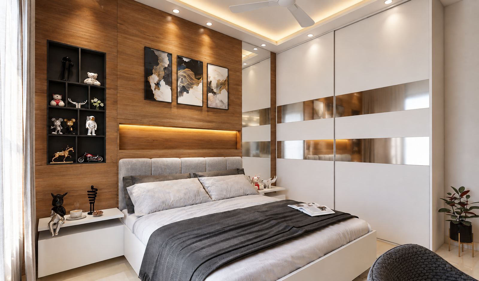 Bedroom with a walnut headboard wall, art panels and a mirror-band wardrobe