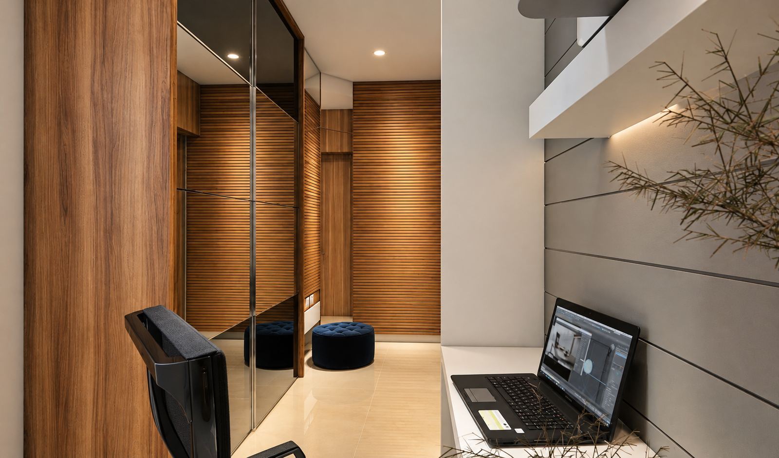 Passage with walnut and black glass wardrobes, a mirror and a navy ottoman