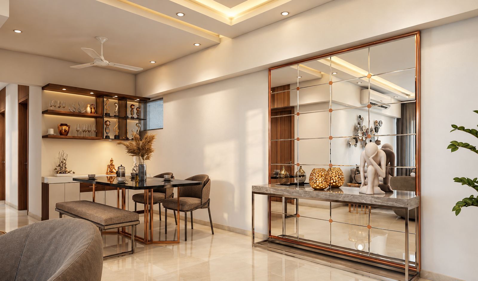 Dining area with a copper-framed mirror wall and a lit display unit