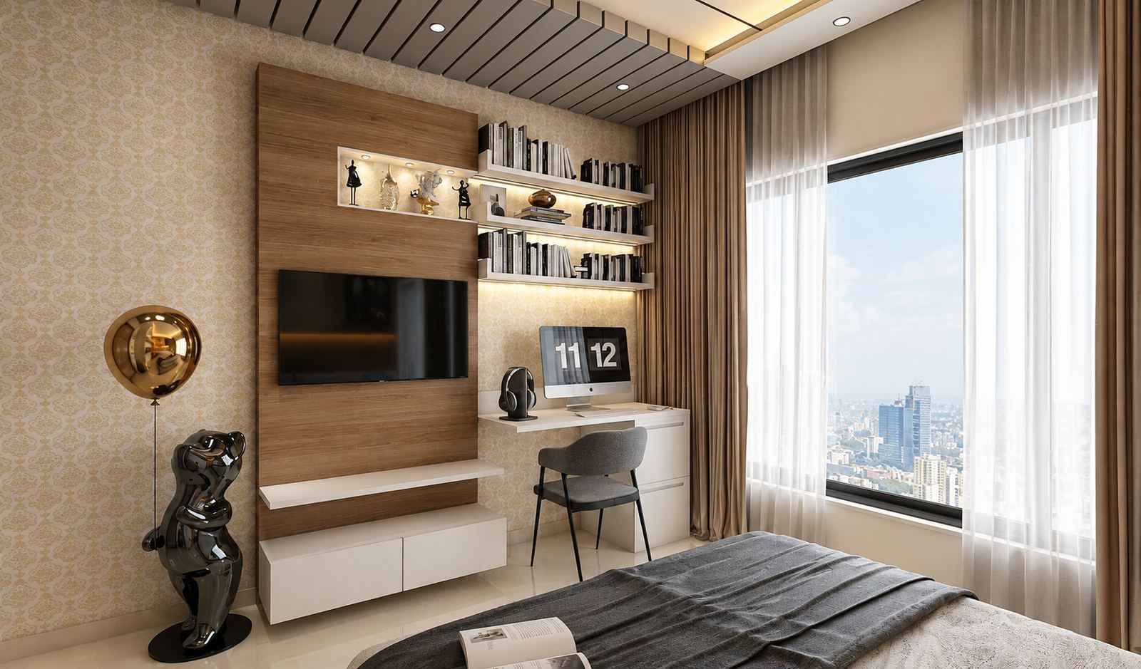 Walnut TV panel, open shelves and a desk by a tall window