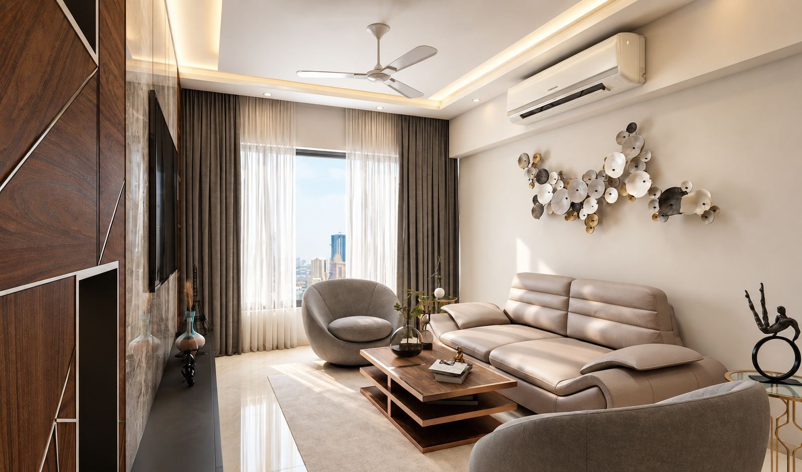Living room with a leather sofa, swivel chairs and a tall window over the city