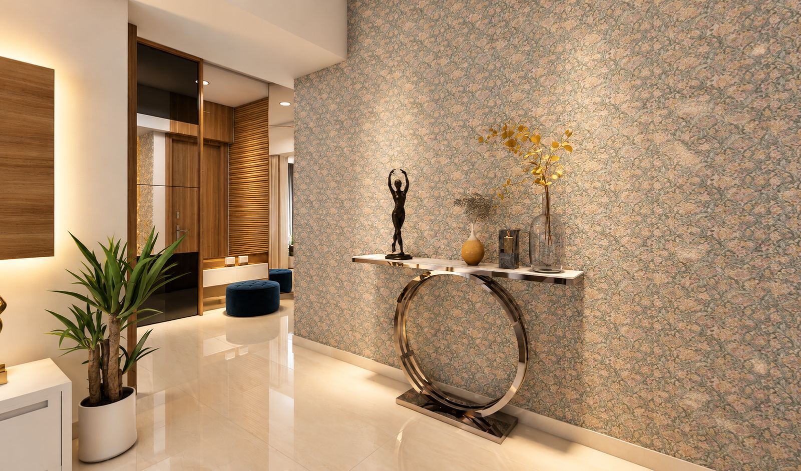 Entrance wall in metallic wallpaper with a brass ring console