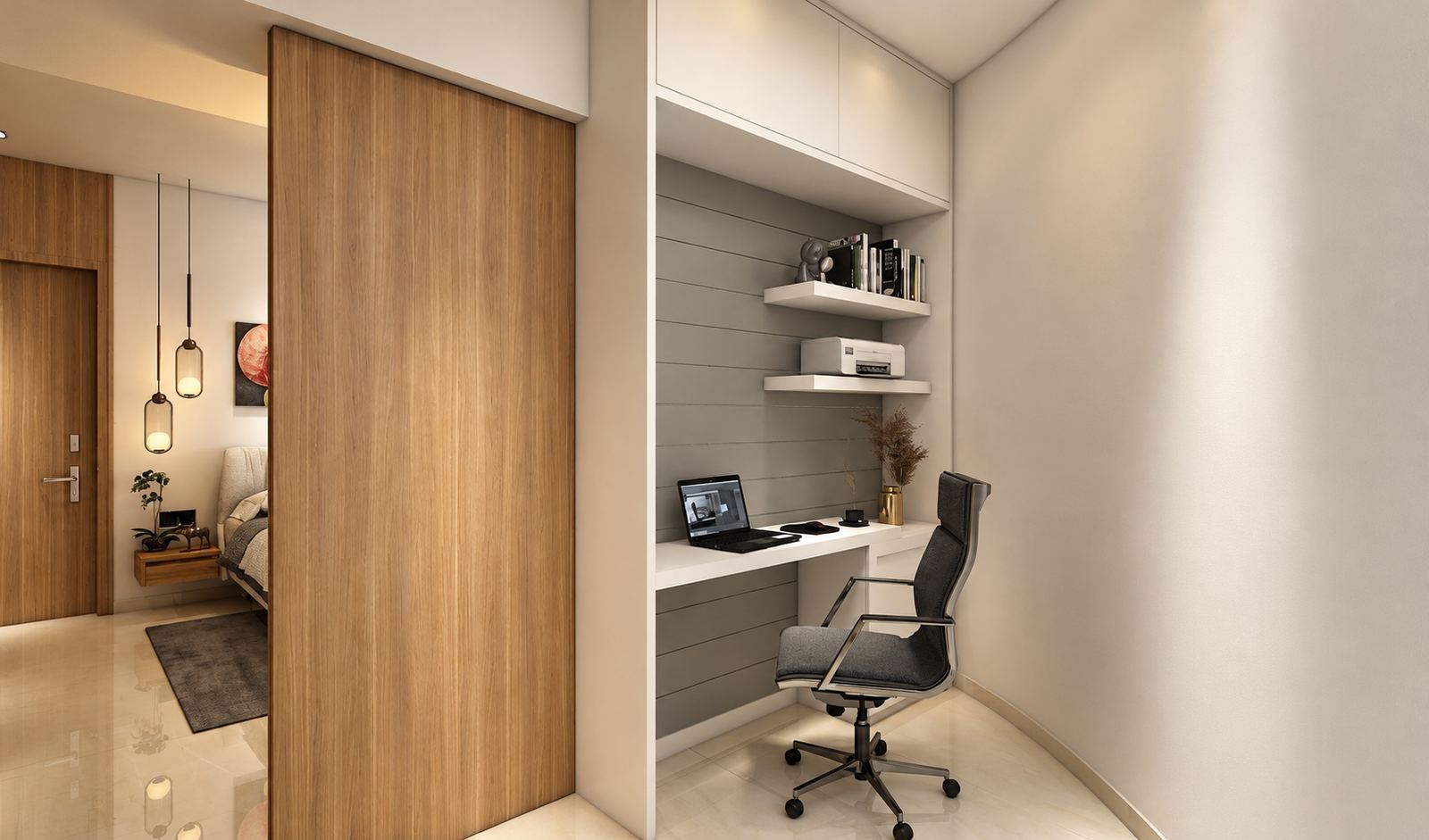 Study alcove with a built-in desk behind a sliding walnut panel