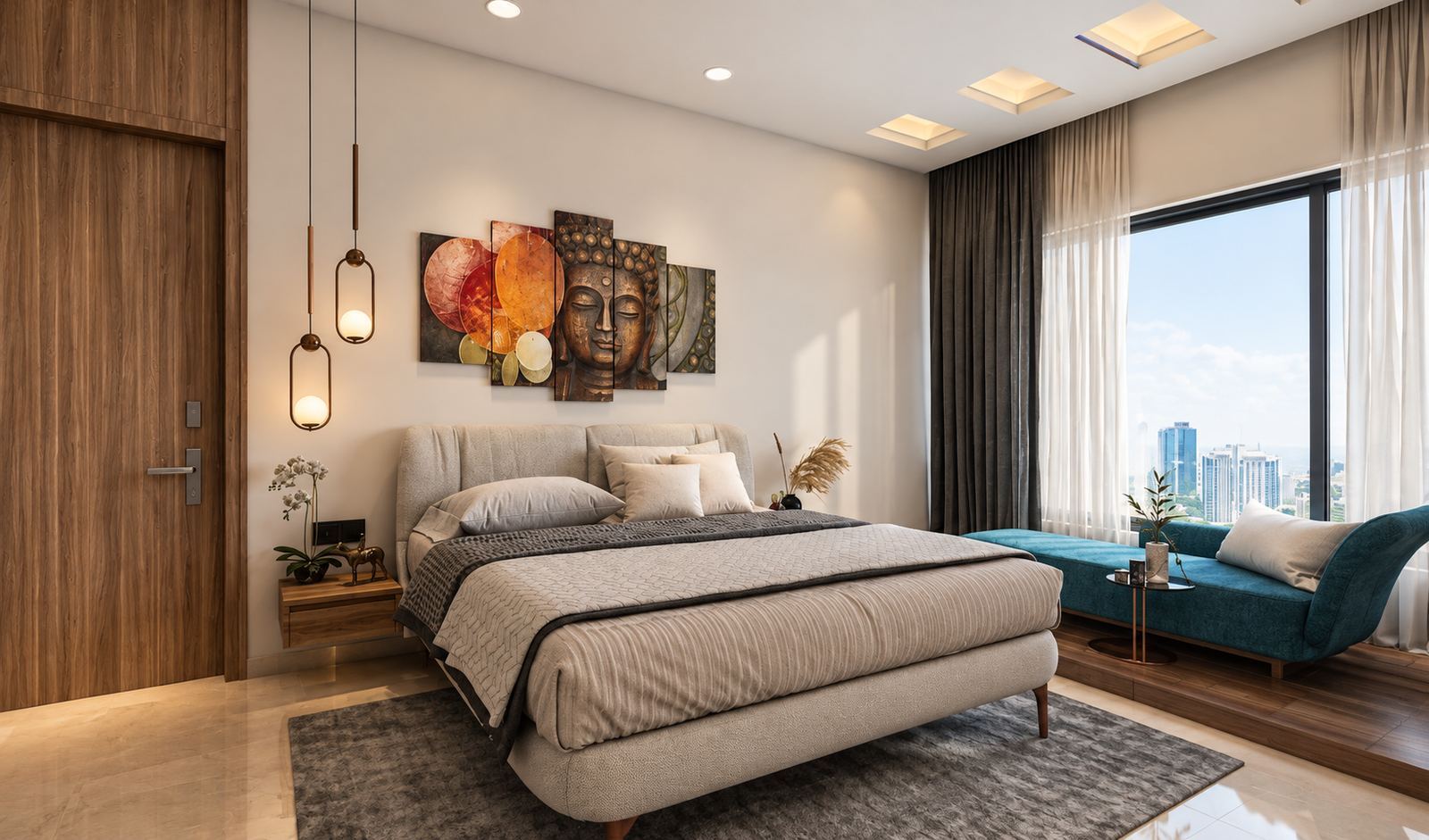 Bedroom with glass pendants, a canvas above the bed and a teal chaise