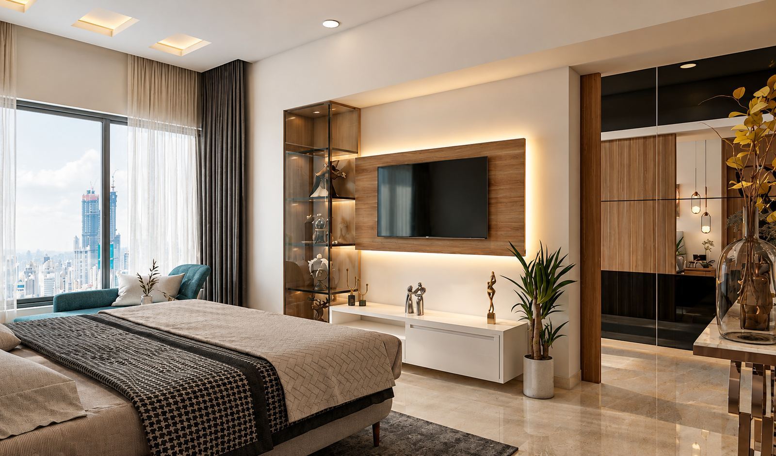 Walnut TV panel with a cove light beside a black glass wardrobe