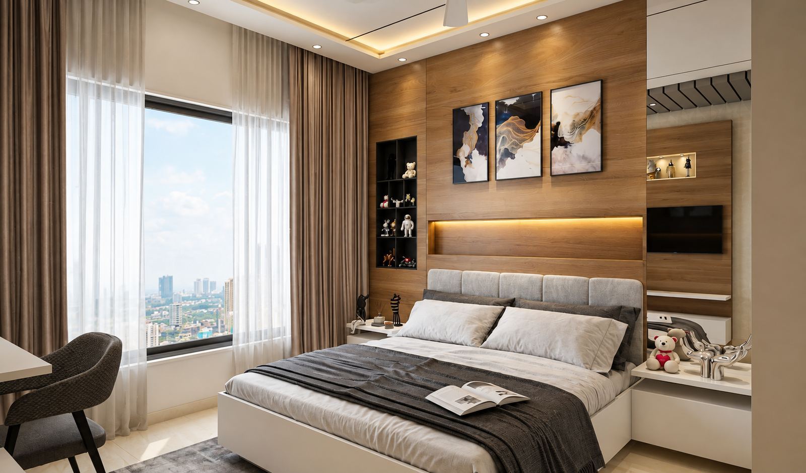 Bedroom with a walnut headboard wall seen from the window